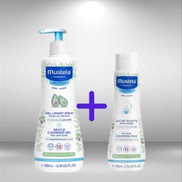 MUSTELA GEL LAVANT DOUX 500ML+Mustela Bébé Lait De Toilette Sans Rinçage À L’Avocat Bio Visage Et Siège Peau Normale 200ml
